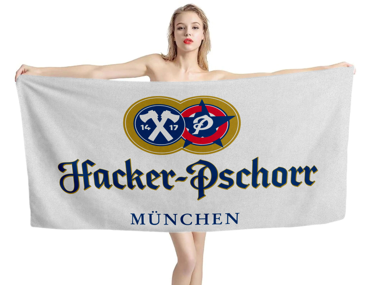 Hacker Pschorr Beer White Beach Towel, BIER--TOWEL-1