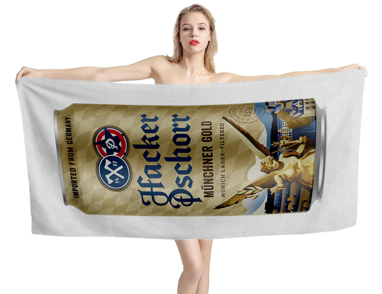 Hacker Pschorr Munchner Gold Can Beach Towel, BIER--TOWEL-4