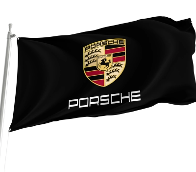 Porsche Flagge Schwarz mit Wappen - Premium Autoflagge für Garage