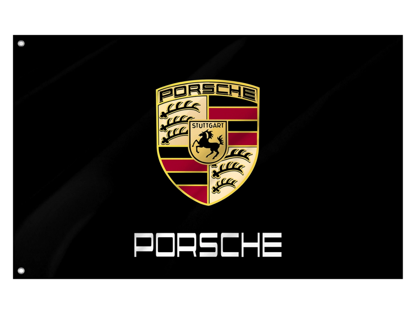 Black Porsche flag with crest flying on flagpole outdoor premium quality