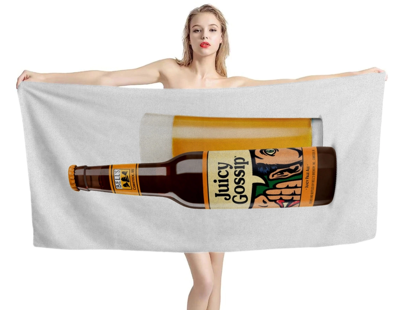 Bell's Juicy Gossip Pale Ale Beer Bottle and Glass White Beach Towel, BEER--TOWEL-21