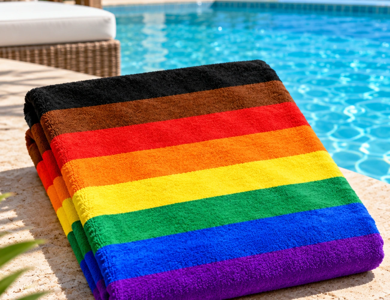 Philadelphia Pride Flag beach towel with eight stripe rainbow design
