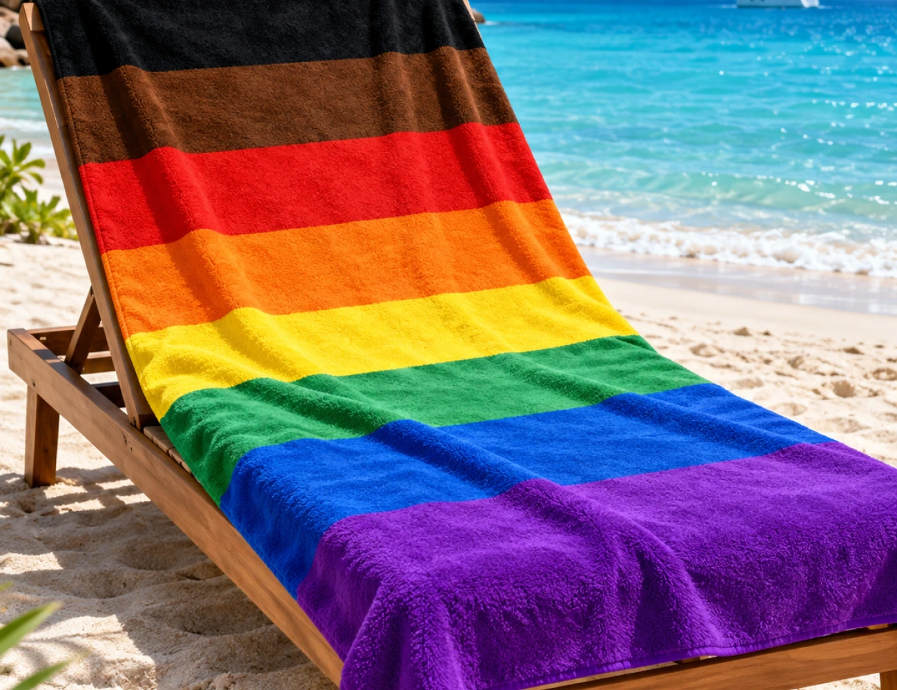 Philadelphia Pride Flag beach towel with eight stripe rainbow design