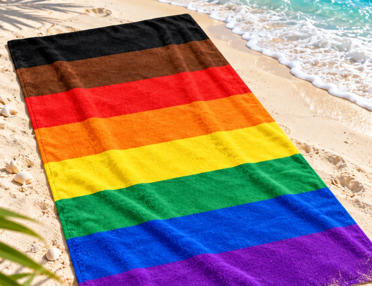 Philadelphia Pride Flag beach towel with eight stripe rainbow design